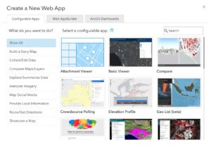 A screenshot of the ArcGIS Online "Create a New Web App" menu with various web app options