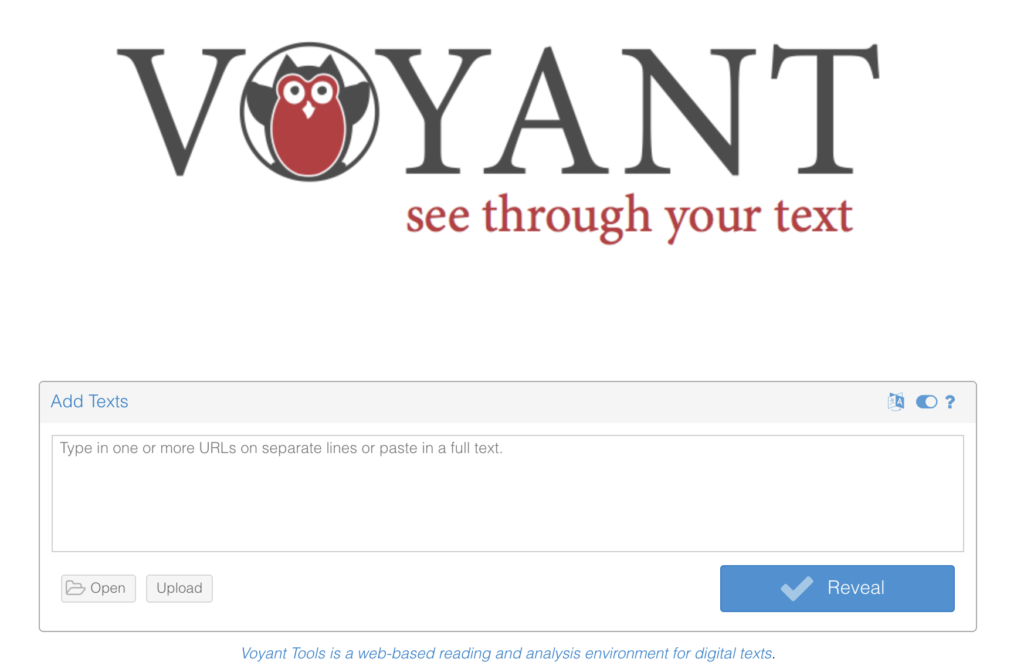 Screenshot of Voyant homepage with "Add Texts" box.