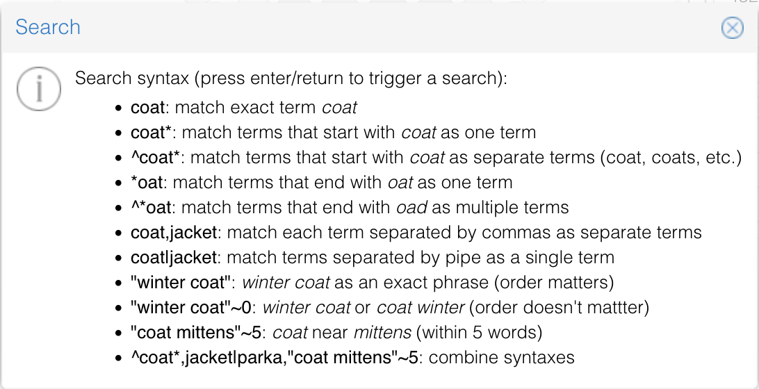 Screenshot of Voyant Search syntax pop-up