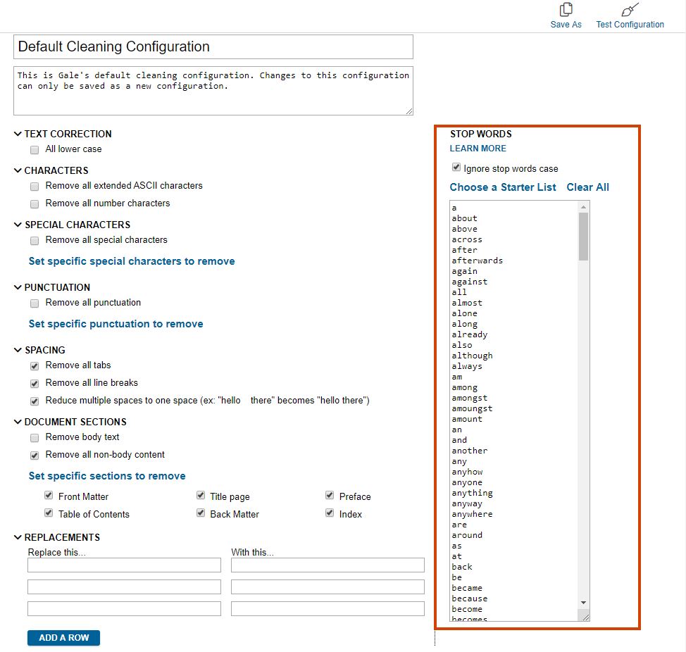 Screenshot of Gale Digital Scholar Lab Clean Configuration page with default set up and stop words section circled in red
