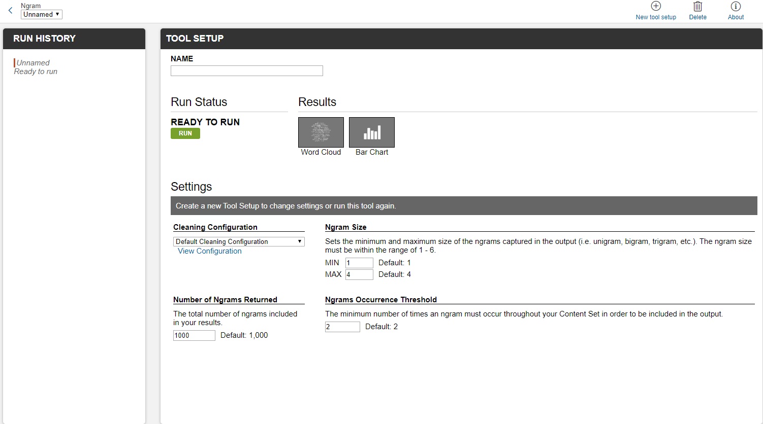 Screenshot of the Ngram analysis tool set up page in Digital Scholar Lab