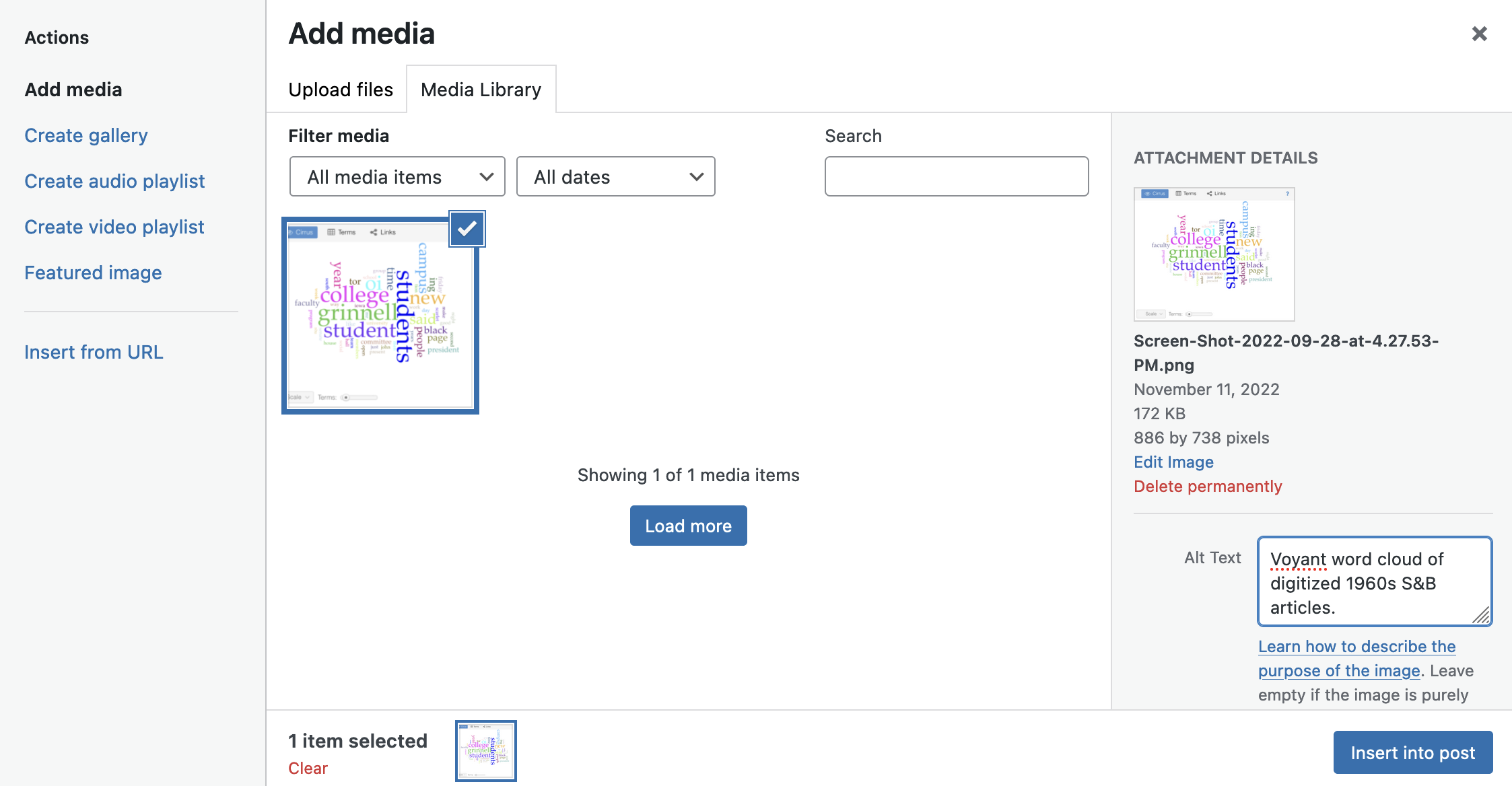 Screenshot of Media Library image upload and selection pop-up, with Alt Text box.