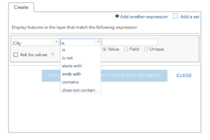 Screenshot of filter menu on an ArcGIS Online map.