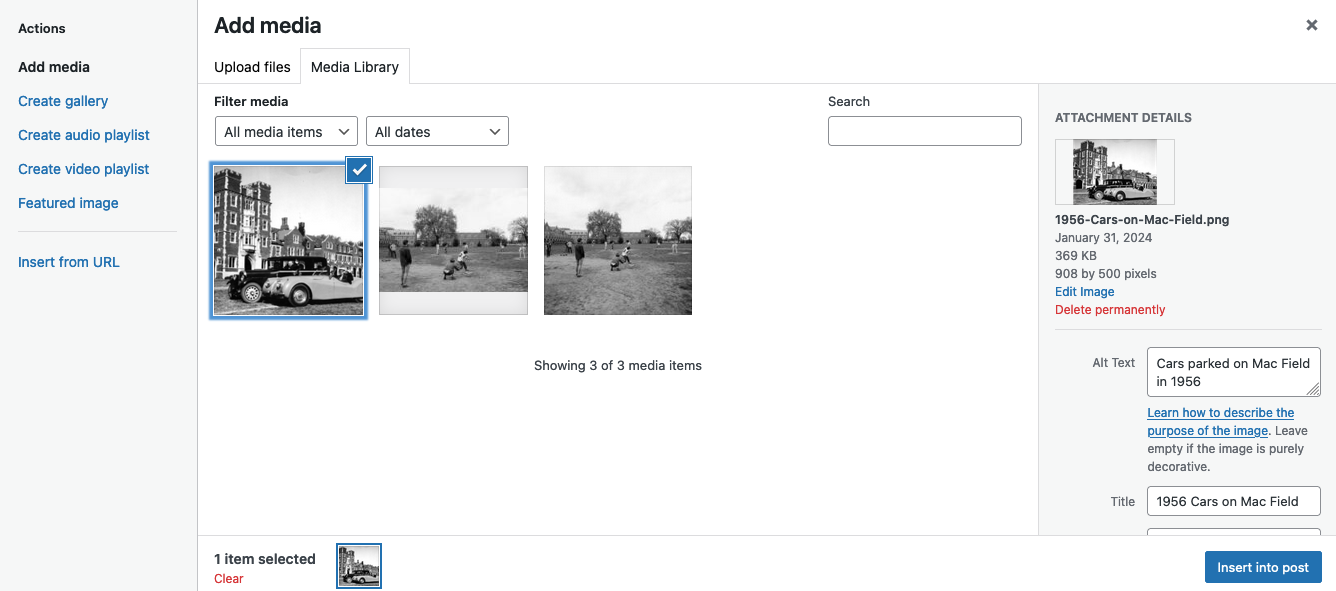Screenshot of the WordPress Media Library insert options on a Post