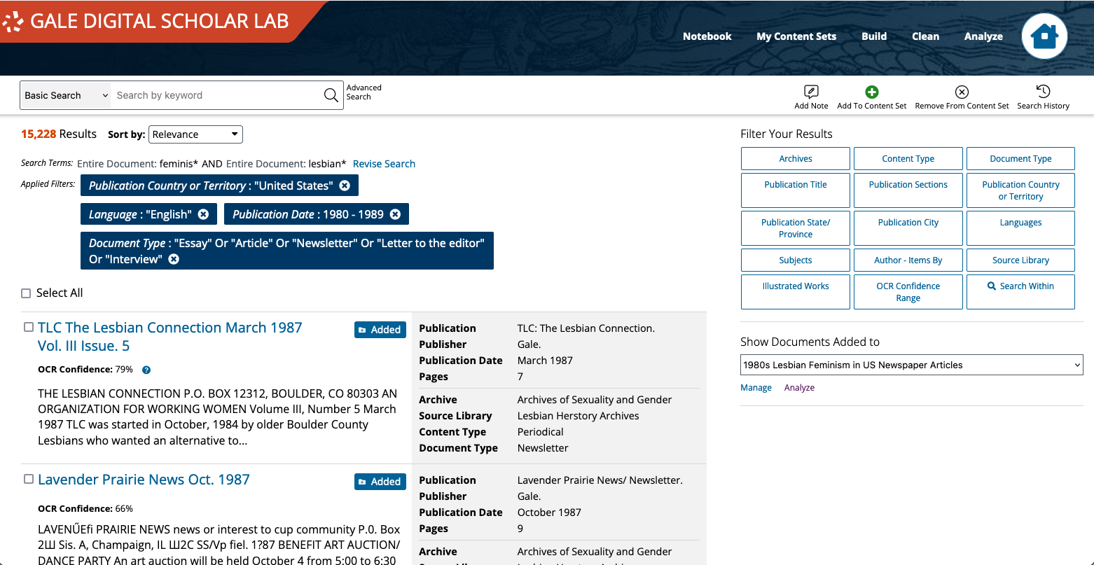 Screenshot of search results for the wildcard phrase "femins* AND lesbian*" in Gale Digital Scholar Lab holdings