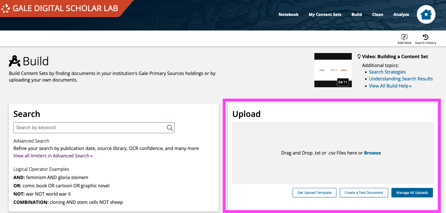 Screenshot of Gale DSL Build page with Upload section highlighted in a pink rectangle