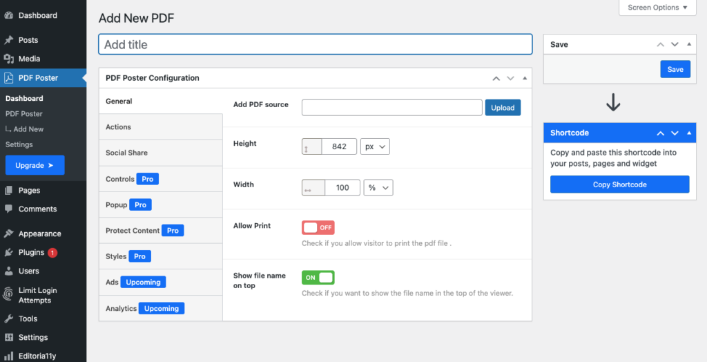 Screenshot of PDF Poster plugin "Add New" interface