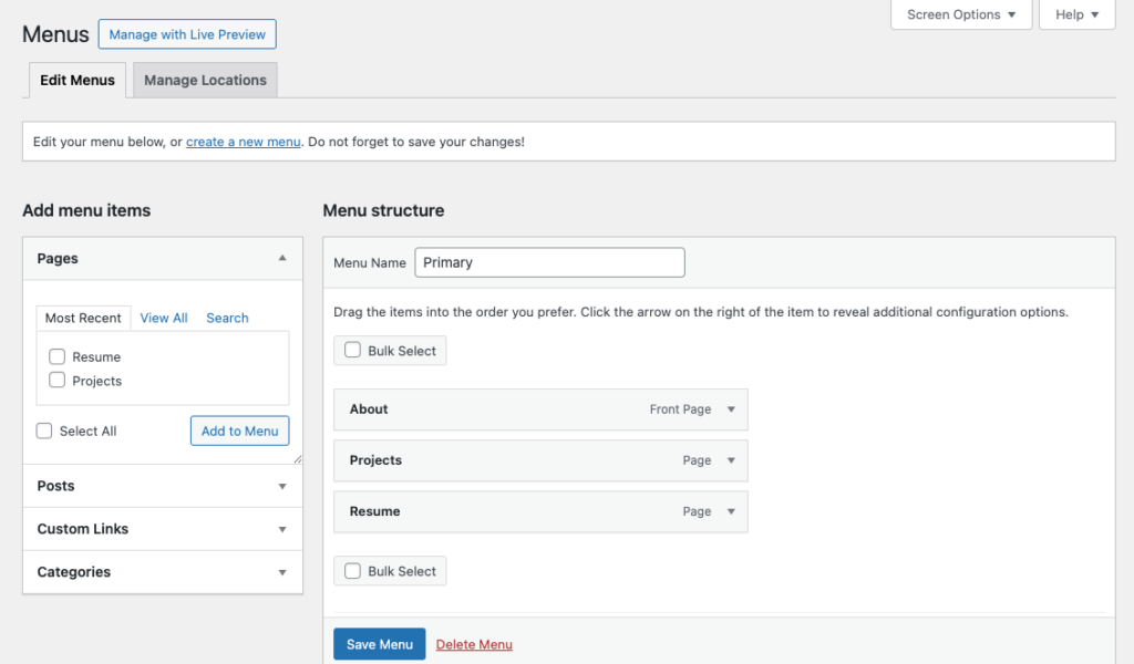Screenshot of the WordPress menu editing interface