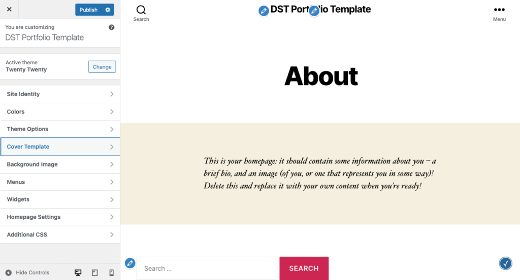 Screenshot of DST Portfolio Template theme customizer interface